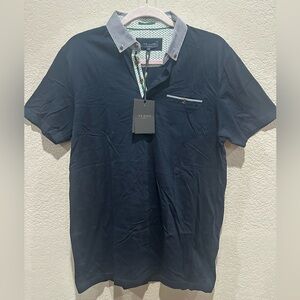 Ted Baker Dark Blue Polo with Patterned Collar